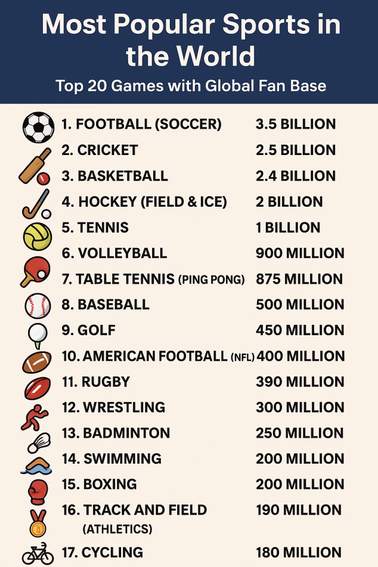 The most popular sport in the world is Football (Soccer), with an estimated fan base of over 4 billion people, due to its universal appeal and global reach through events like the FIFA World Cup. Cric